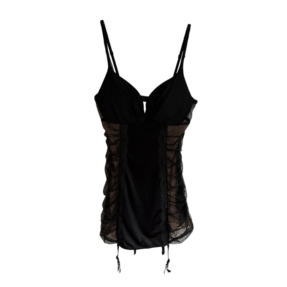 Victorias Secret 36C Black Ruched Lace Garter Chemise Lingerie Padded Underwire - Picture 1 of 15